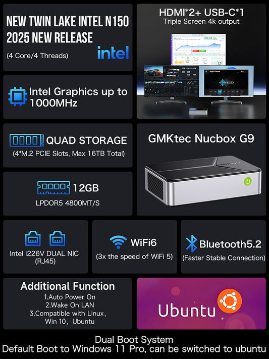 1011-GMKtec Intel Twin Lake N150 Dual-system 4-bay NAS Mini PC -- NucBox G9