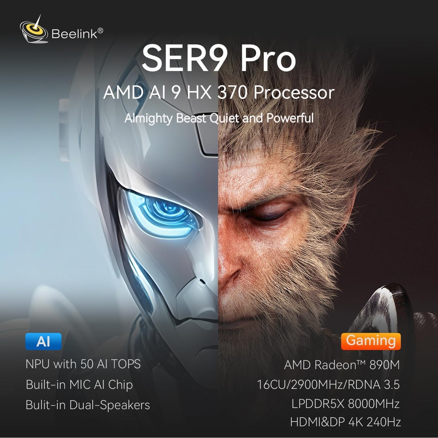 Beelink SER9 Pro AI Mini PC - AMD Ryzen AI 9 HX370, 32GB RAM, 1TB SSD, Radeon 890M, 4K Triple Display