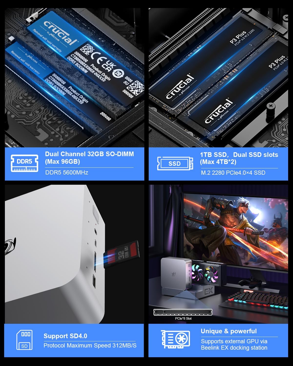 Beelink GTi14 Mini PC - Intel Ultra 9 185H (32GB DDR5/1TB SSD), AI Voice, Wi-Fi 7, Dual 2.5G LAN, 32dB Silent for Gaming & AI Workstation