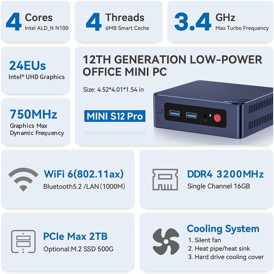 Beelink Mini S12 Pro N100 Mini PC - 16GB DDR4/500GB SSD, 4K Dual HDMI, Wi-Fi 6, Compact Desktop for Home & Office